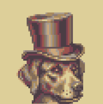 A pixel art image of a cat wearing a red and white striped top hat against a yellow background.