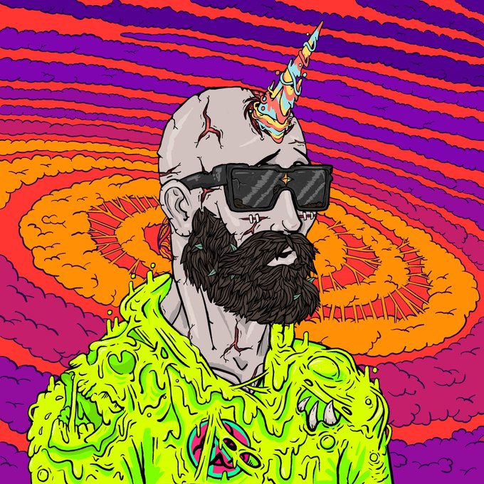 A trippy, psychedelic illustration of a bearded figure with a unicorn horn, dark sunglasses, and oozing neon-green slime covering his torso, set against a swirling, sun-motif background in vivid purple, orange, and magenta hues—visually echoing the playful, surreal vibe of a "pyramid scheme" joke posted on Crypto Twitter.