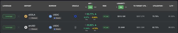 A cryptocurrency DeFi dashboard showing leverage positions for sDOLA (Ethereum) with USDC, and sfrxUSD (Ethereum) with USDC on Moonwell, displaying APY rates of 66.77% and 49.86% respectively.
