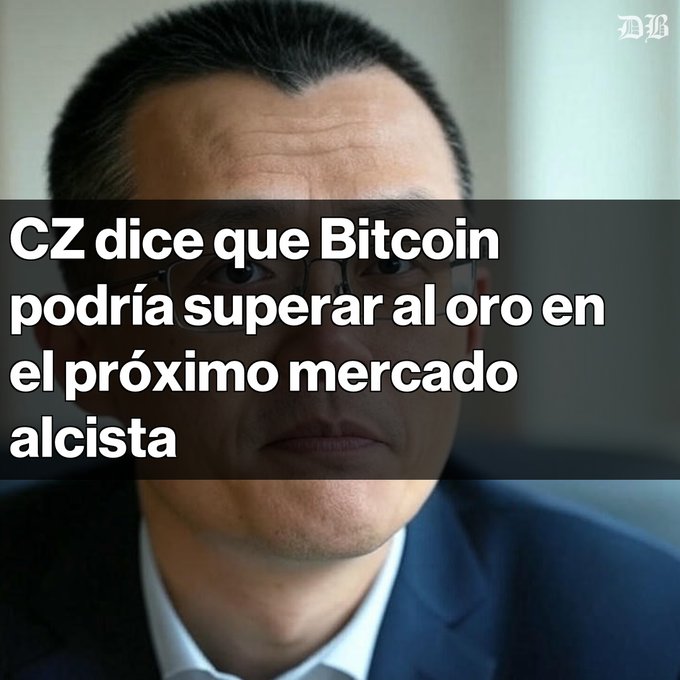 A close-up photo of Changpeng Zhao (CZ) with a Spanish headline that reads 'CZ dice que Bitcoin podría superar al oro en el próximo mercado alcista' (CZ says Bitcoin could surpass gold in the next bull market).