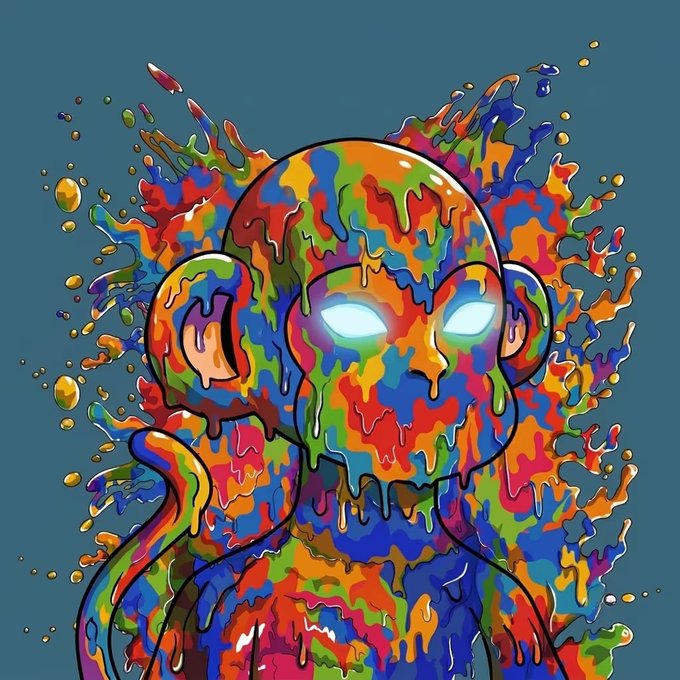 A vibrant digital illustration of a humanoid figure composed of dripping, multicolored paint splatters with glowing white eyes.