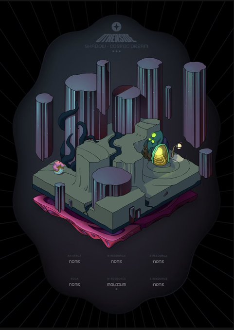 A digital illustration titled 'SHADOW - COSMIC OCEAN' featuring an isometric island platform with crystalline pillars, a glowing green egg-like object, and a small pink creature, set against a dark starry background.