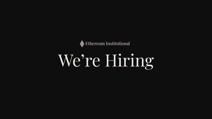 A black graphic with the Ethereum Institutional logo and the text 'We're Hiring' in white.