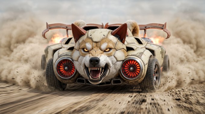 A snarling wolf-themed armored vehicle speeds through a dusty terrain, its red glowing vents and aggressive design embodying the fierce spirit of the SHIB community. The image captures the bold, untamed energy often associated with AI-generated crypto art celebrating the ShibArmy.