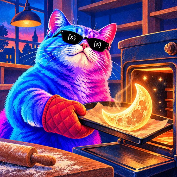 A colorful digital illustration of a purple and blue cat wearing sunglasses with "{s}" on the lenses and an oven mitt, pulling a glowing crescent moon-shaped pastry out of an oven.