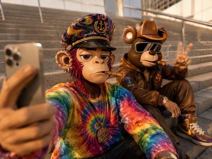 An AI-generated or stylized image of two anthropomorphic monkeys on stairs — one in tie-dye clothing taking a selfie, the other in a brown jacket with sunglasses and cowboy hat making a peace sign.