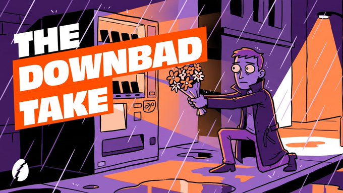 This illustration, titled "THE DOWNBAD TAKE," features a man on one knee with flowers in the rain, perfectly symbolizing the embarrassing level of "cope" mentioned in the accompanying campaign on app.rally.fun.