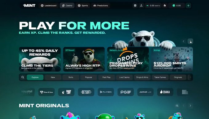 A screenshot of the MINT online casino website featuring a "PLAY FOR MORE" promotion with banners advertising "UP TO 45% DAILY REWARDS," "RTP Boost! ALWAYS HIGH RTP," "DROPS & WINS," and a "$125,000 $MNTO AIRDROP."