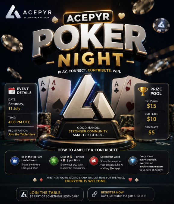 A promotional flyer for 'ACEPYR POKER NIGHT' scheduled for Saturday, July 11 at 4:00 PM UTC, featuring a prize pool of $15 for 1st place, $10 for 2nd, and $5 for 3rd, with event details and contribution instructions.