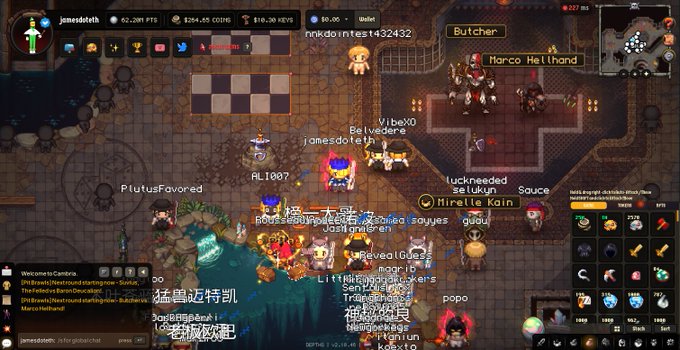 A screenshot from an MMORPG video game showing characters gathered around a "Butcher" NPC, with the player name "jamesdoteth" visible in the chat and various usernames displayed above characters.