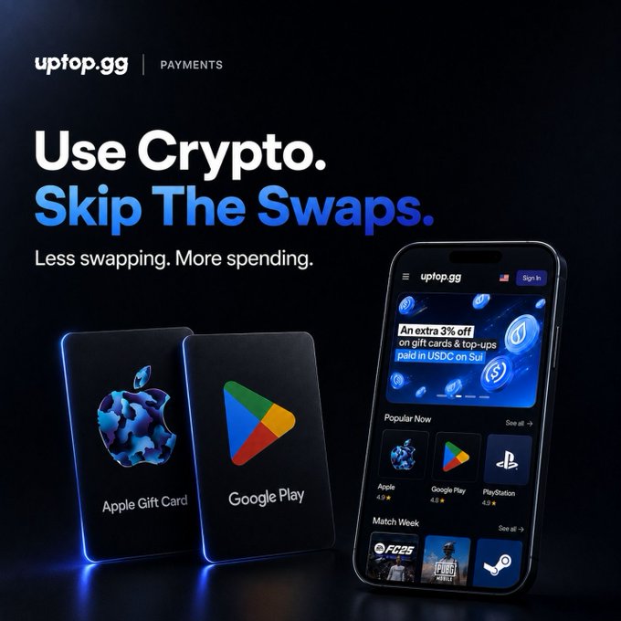 An advertisement for 'uptop.gg | PAYMENTS' with the tagline 'Use Crypto. Skip The Swaps. Less swapping. More spending,' showcasing Apple Gift Cards, Google Play, and the uptop.gg mobile app.