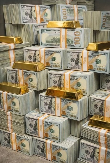 A photograph showing massive stacks of US $100 bills bundled together, interspersed with several large gold bars.