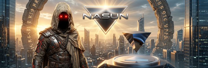 A digital graphic featuring a hooded, glowing-eyed warrior character on the left, a futuristic cityscape, and a glowing logo with the text 'NASUN' above a metallic object resembling the Ethereum symbol.