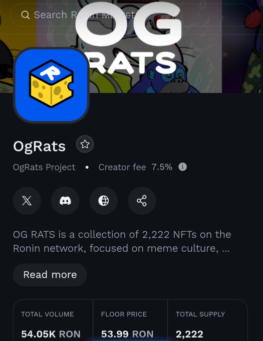 The image shows a screenshot of an app screen called "OGRATTS", which is featured on a popular social networking platform. The user interface displays various information, including the total volume of 5k Ron content, the floor price, and the total supply for @OgRats_ Ronin Market. Additionally, there's a caption indicating that "Say no more". The image also contains some references to an event or party with friends as described in the caption. The focus on this specific app and its features implies that it is likely related to the post displayed.