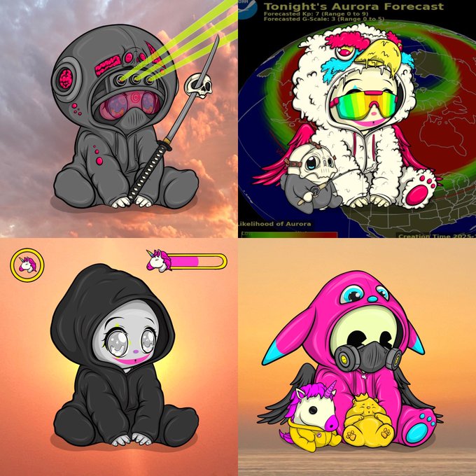 A four-panel collage displays cute cartoon characters in hooded outfits against various backgrounds, including an aurora forecast map, clouds at sunset, and a gradient orange sky.