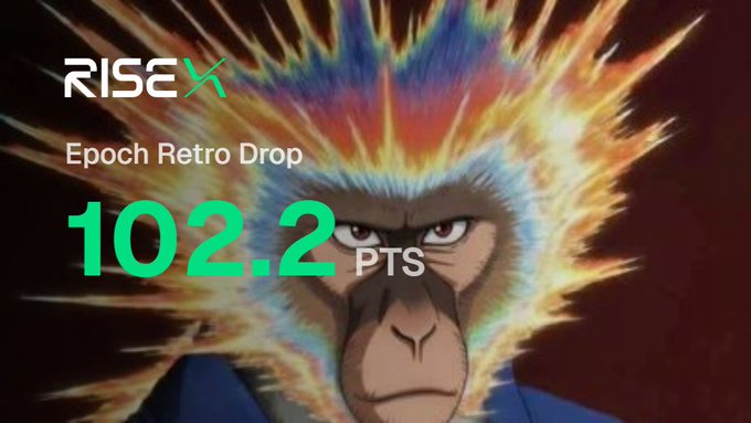 The image displays a stylized monkey with vibrant, multicolored spiky hair and an intense expression, overlaid with the text "RISEx," "Epoch Retro Drop," and "102.2 PTS." It visually represents the user's announcement about receiving 200 retroactive points from the RISEx Epoch Retro Drop, with the bold "102.2 PTS" highlighting the points earned toward the distribution.