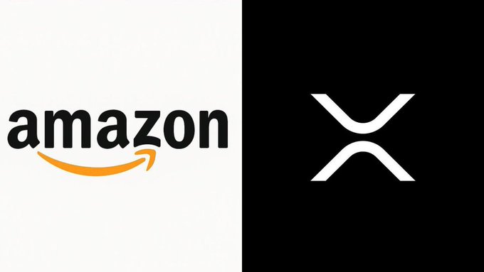 The image shows the Amazon logo on a white background alongside the XRP (Ripple) logo on a black background, visually representing the partnership between Amazon and Ripple as a new AWS partner.
