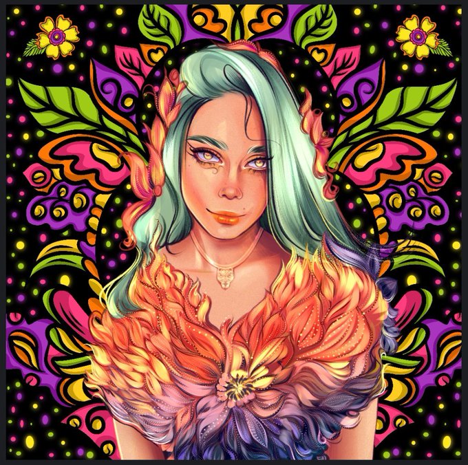 A vibrant digital illustration of a woman with teal hair wearing an elaborate, fiery floral garment, set against a kaleidoscopic background of leaves and flowers.
