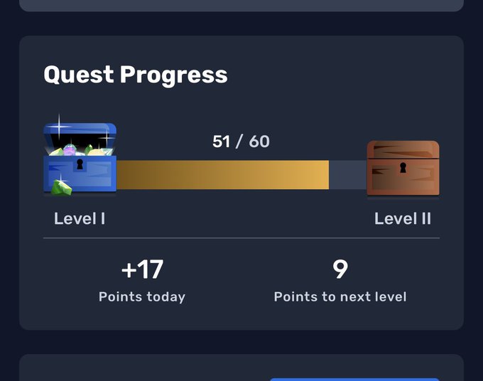 A digital interface showing 'Quest Progress' at Level I with 51/60 points completed, displaying '+17 Points today' and '9 Points to next level'.