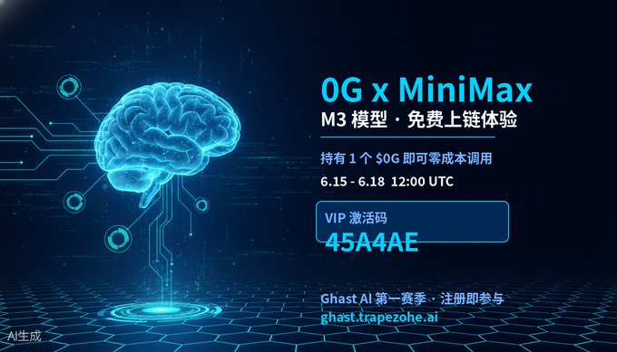 The image features a brain rendered in blue, with the text "OG X x MiniMax M3 M3A E 4544AE Ghost AI". The brain appears to be floating above a hexagonal grid of dots, which are connected by lines. This design suggests that the brain is part of an AI system or machine learning model. The image also includes a postcard with Chinese characters and text in both English and Chinese, likely providing information about the brain and its connection to the M3M3A E 4544AE Ghost AI project.