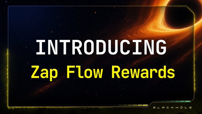 A cosmic-themed promotional graphic with a space background features bold text reading "INTRODUCING Zap Flow Rewards" in white and yellow font, announcing a new feature that allows users to claim all rewards from a single lock and convert them to a token of choice.