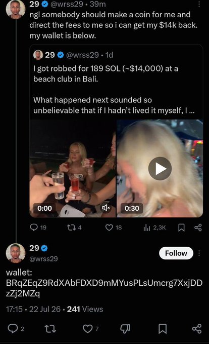 A social media thread by user @wrss29 about being robbed for 189 SOL at a Bali beach club, asking for donations to a specific wallet address, with attached video thumbnails.
