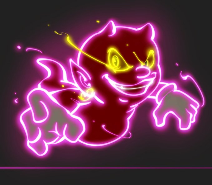 A digital artwork depicts a menacing, glowing red creature with yellow spiral eyes and a wide, sharp-toothed grin outlined in bright pink neon against a dark background.