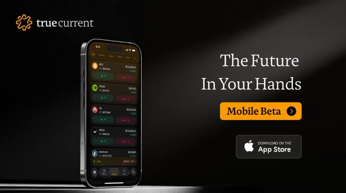The image showcases a promotional banner for "TrueCurrent" featuring a smartphone displaying a trading app with various assets including BTC ($112,196.21), NVDA ($160.53), Oil ($212,048), S&PX ($113,126.20), and Amazon ($34,082), alongside the tagline "The Future In Your Hands" and a "Mobile Beta" download link to the App Store, directly promoting the multi-asset, self-custodial platform described in the post.