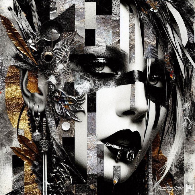 A stylized digital collage featuring a black-and-white close-up portrait of a woman's face combined with metallic feathers, chains, and gold accents, signed 'Wunderhope' in the bottom right corner.