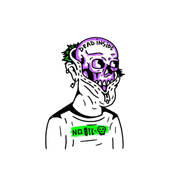 A cartoon illustration of a robotic figure with a purple skull-like face showing dripping tears, a 'DEAD INSIDE' tattoo on its forehead, and a white shirt with a green 'NO $TC' logo.