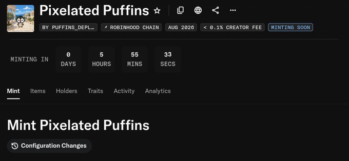 A webpage header for 'Pixelated Puffins' NFT collection by PUFFINS_DEPLOYER on Robinhood Chain, set to mint in August 2026.