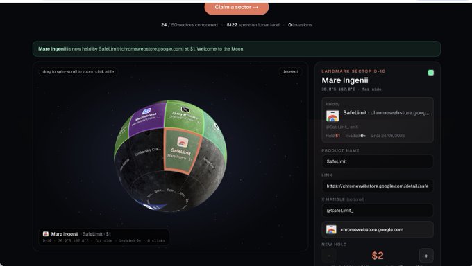 A screenshot of the SafeLimit Chrome web store page showing a 3D moon with sector tiles, indicating 'Mare Ingenii' has been claimed as a lunar land sector.