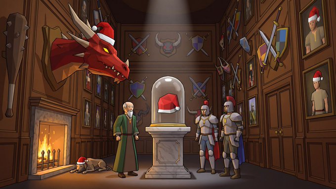 An identical version of the previous fantasy Christmas scene with knights, a dragon, and a wizard in a medieval hall, all adorned with Santa hats around a glass-domed Santa hat display.