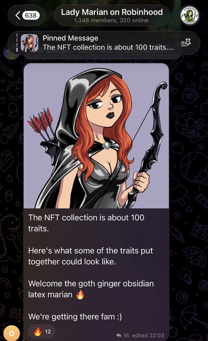A dark-themed Telegram channel screenshot for "Lady Marian on Robinhood" (1,346 members, 320 online) showcasing a goth-style cartoon illustration of a red-haired archer in latex holding a bow and quiver, with a pinned message announcing the NFT collection features about 100 traits and teasing "the goth ginger obsidian latex marian" as a sample combination.