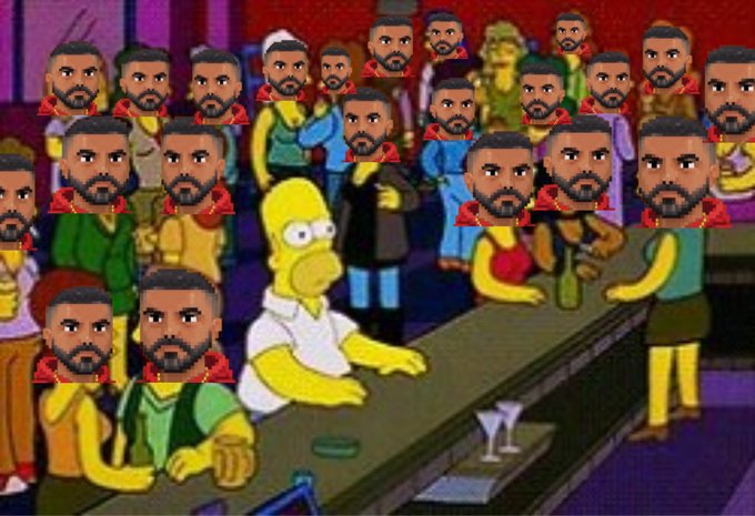 A scene from The Simpsons showing Homer at a bar, edited to replace most characters' faces with Drake's face from the album cover of 'Take Care'.