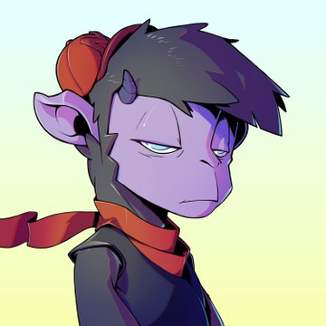 A digital illustration of a purple-skinned, horned character with dark hair, a red beanie, and a red scarf, looking to the side with half-closed eyes.