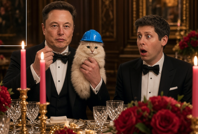 A humorous edited image showing Elon Musk holding a white cat wearing a blue hard hat, seated at a formal dinner table next to Sam Altman, who has a surprised expression, with pink candles and red roses in the foreground.