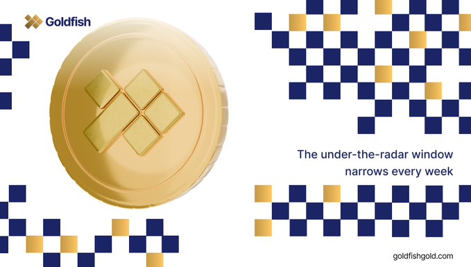 A gold Goldfish coin logo appears against a pixelated navy and gold checkered background, with the tagline "The under-the-radar window narrows every week" and the website "goldfishgold.com," visually reinforcing the post's message that tokenized gold (represented by the coin) is gaining traction while crypto Twitter remains unaware.