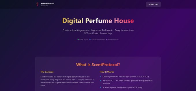 The ScentProtocol website titled 'Digital Perfume House' describing it as the world's first digital perfume house on blockchain, where formulas are unique NFTs of ownership, built on USDC on Arc.