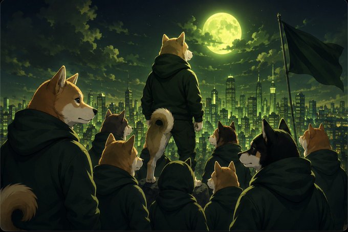 A group of Shiba Inu dogs in hooded jackets gathers on a rooftop under a full moon, gazing out over a glowing city skyline, with one dog standing prominently in the center and a black flag waving in the background—symbolizing the $WOOF World Order community's unity and forward-looking vision within the @RobinhoodCrypto ecosystem.