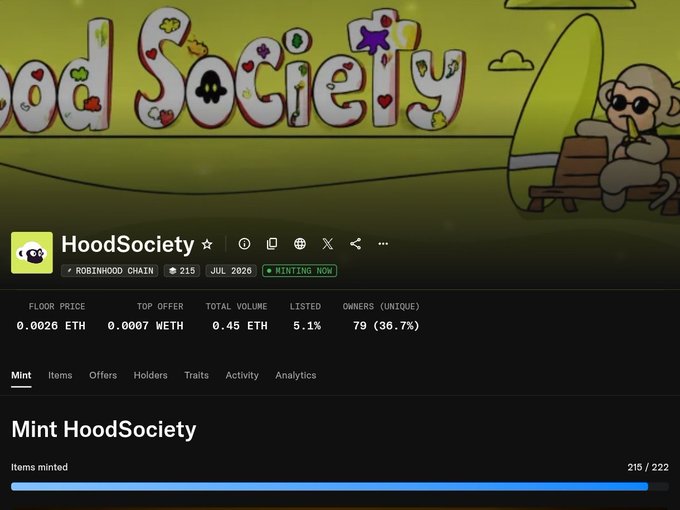 A promotional screenshot of the "Hoods" NFT collection showing a cartoon monkey character with a colorful progress bar at 215/222 minted items, priced at 0.0222 ETH with a July 2026 reveal date, alongside marketplace stats and an OpenSea link to mark the collection being nearly sold out with only 7 remaining.