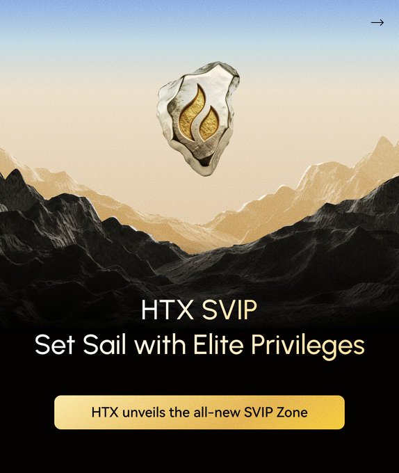 Promotional graphic for HTX SVIP featuring a gold SVIP emblem floating above dark mountainous terrain, with the tagline "Set Sail with Elite Privileges" and a button announcing "HTX unveils the all-new SVIP Zone."
