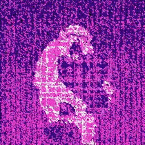A heavily pixelated, high-contrast magenta and dark blue digital artwork depicting a seated figure.