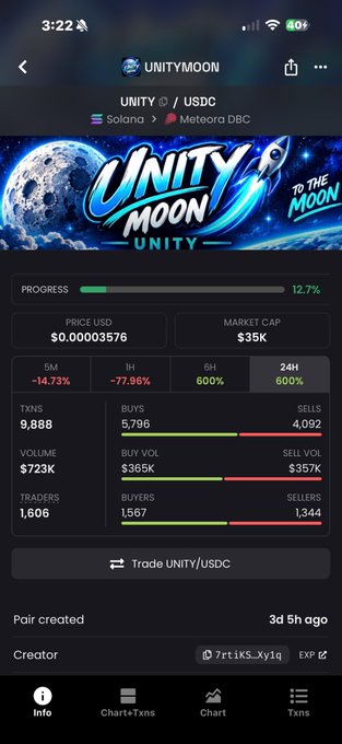 A mobile DEX screenshot showing the UNITY/USDC pair (token symbol UNITYMOON) on Solana/Meteora DBC, with market cap $35K, price $0.00003576, and a 'Unity to the Moon' graphic.