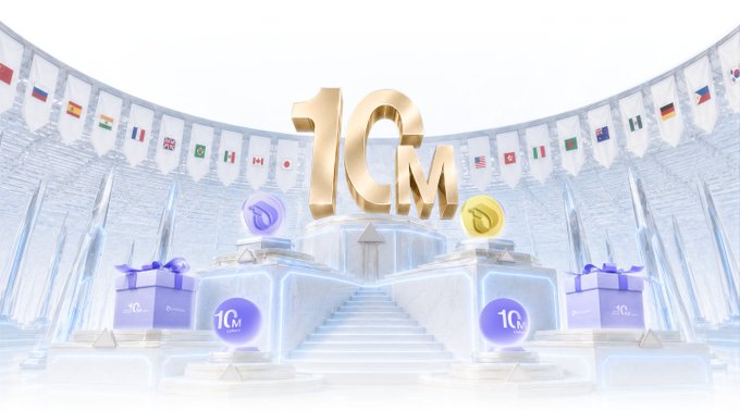 The image features a grand golden "10M" monument at the center of an icy, crystalline stage adorned with international flags and purple gift boxes labeled "1GM," symbolizing the celebration of reaching 10 million linkers for InterLink. A blue coin and gold coin flank the monument, visually representing ITL's utility as both a transactional and valuable ecosystem asset rather than a speculative one, aligning with the post's message that everyone should have the opportunity to own and use ITL.