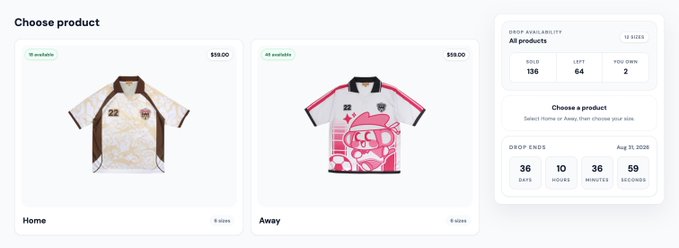 An online store page displays two Chimpers-branded jerseys for sale—a "Home" jersey priced at $50 (with "18 available" noted, down from 136 sold) and an "Away" jersey at $50 (with "46 available," 64 sold)—with the drop ending on Aug 31, 2026 at 36 days, 10 hours, 36 minutes, and 59 seconds remaining, directly visualizing the post's announcement of a limited first-edition release.