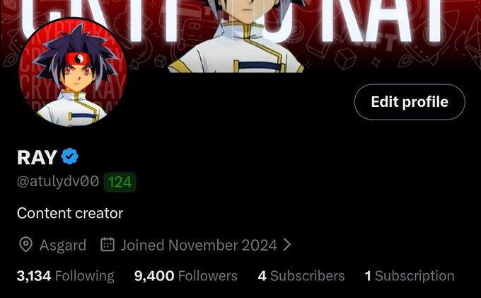 A Twitter/X profile for "RAY" (@atulydv00) showing an anime-style character as the profile picture, listed as a Content creator from Asgard with 9,400 followers and 4 subscribers.