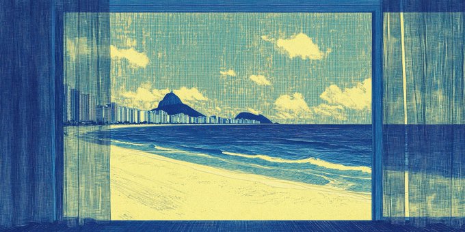 An illustration of a beach scene with ocean waves, sand, a distant mountain, and city buildings, viewed through an open window with curtains in a blue and yellow color palette.