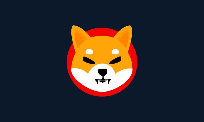 The Shiba Inu logo, the mascot for the SHIB cryptocurrency, is displayed in orange and white against a red circle on a dark blue background.