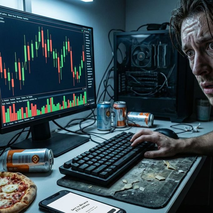 A stressed-looking man sits in front of a computer monitor displaying a candlestick chart with red and green bars, surrounded by energy drink cans, a keyboard, and a slice of pizza on a cluttered desk.
